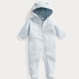 NWT Ralph Lauren Baby Boy Teddy Fleece Bunting Light Blue Onsie Romper Jumpsuit